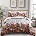 DJY Brown Comforter Set Queen, Botanical Leaves Comforter for Queen Bed 3 Pieces Reversible Floral Bed Comforter Sets Soft Microfiber Bedding Set for All Season (90"x90")