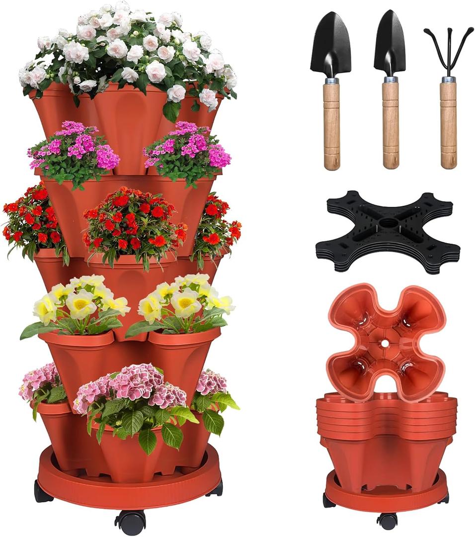 Vertical Strawberry Planter 5 Tier Stackable Tower Herb Planters Stacking Outdoor Garden Planters Pot With Tools Mover For Growing Flowers, Vegetables and Succulents (Brick Red)