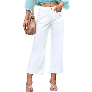 luvamia Wide Leg Jeans for Women Trendy High Waisted Flare Jeans Cropped Denim Pants Stretchy Baggy with Patch Pockets (Large, Cream White)