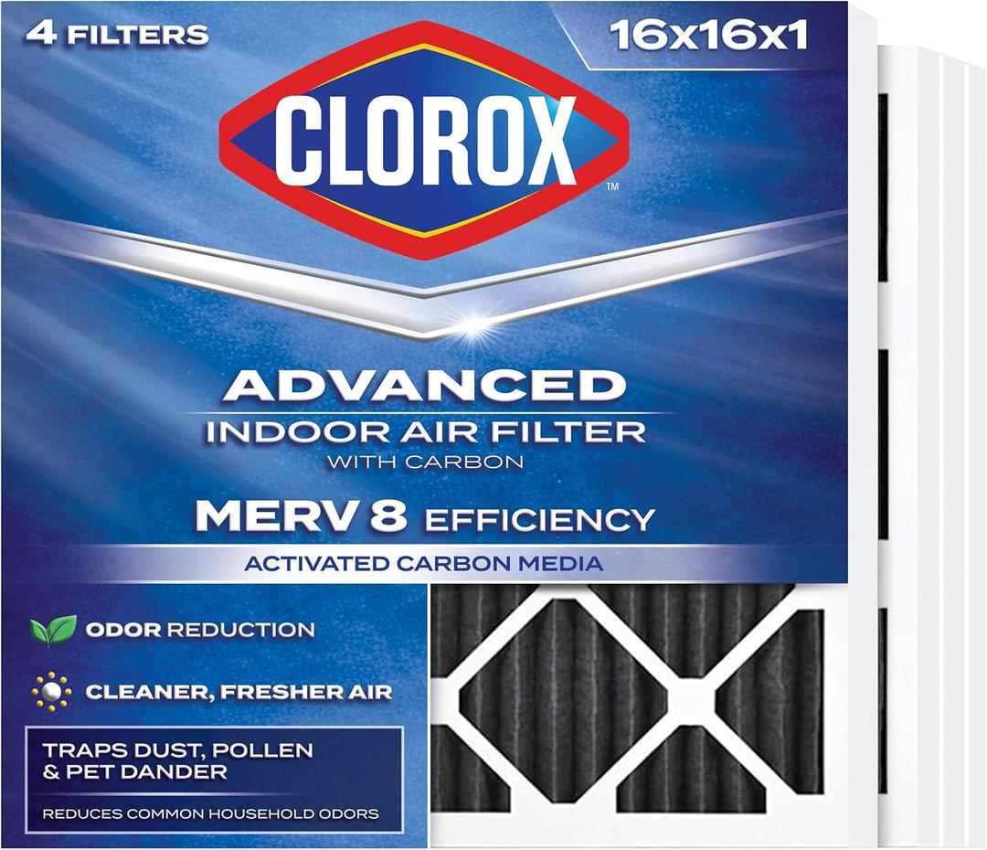 Clorox 16x16x1 Air Filter, MERV 8 with Carbon, Reduces Pet Smells, Cooking Smells and More, Pleated HVAC AC Furnace Filter, 4-Pack (Actual Size 15.75 x 15.75 x 0.75), Made in USA