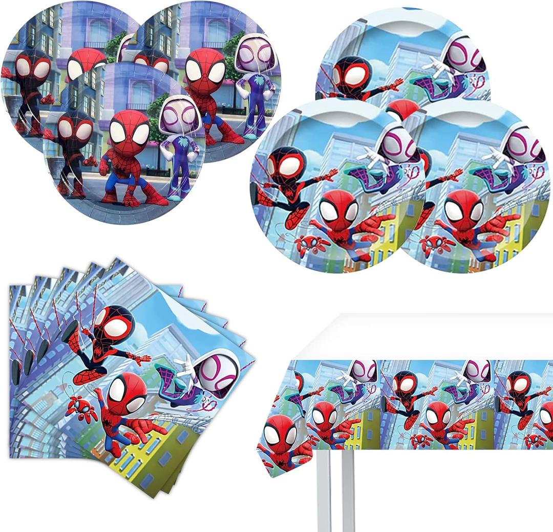Spidey Birthday Decorations, 20 Plates, 20 Napkins and 1 Tablecover for Spidey Birthday Party Supplies, Spidey Theme Party Decorations