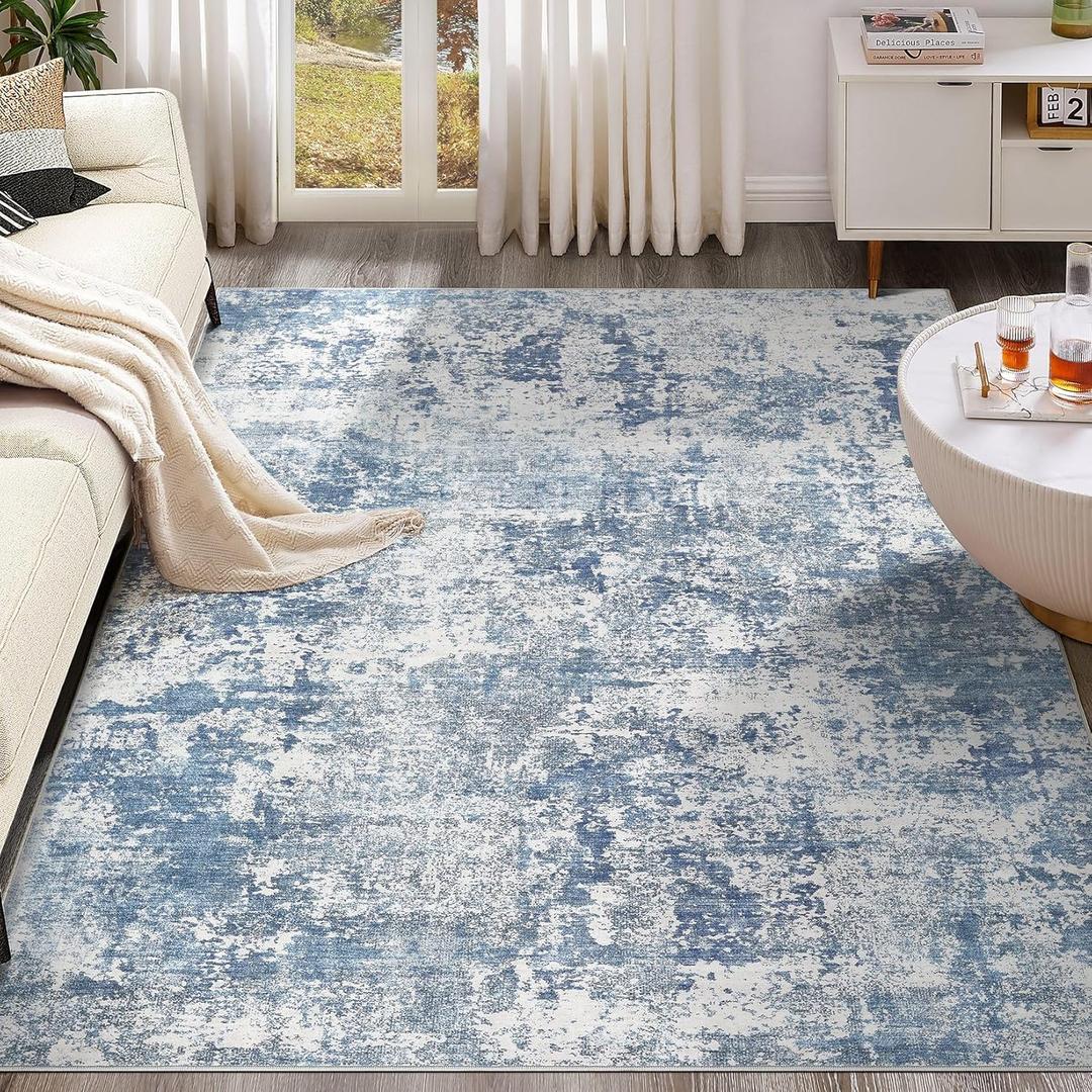 10x12 Area Rug Living Room Rugs - Washable Neutral Modern Abstract Soft Thin Rug Indoor Floor No Slip Rug Carpet for Bedroom Under Dining Table Home Office Decor - Blue White