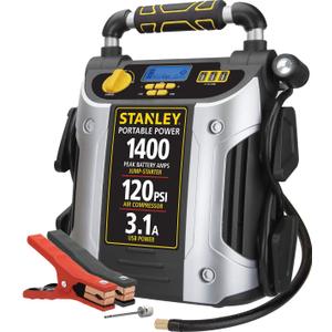 Stanley J7C09D Arrancador automotriz de 1400 amperios de pico, potencia porttil - Puertos USB triples de 15 W, compresor de aire de 120 PSI neumticos delanteros y equipo deportivo