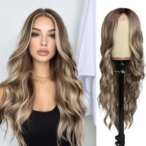 Long Brown Wave Wig for Women Middle Part Brown Blonde Wavy Wigs Natural Looking Synthetic Heat Resistant Fiber Wig for Daily Party Use (26 Inch)