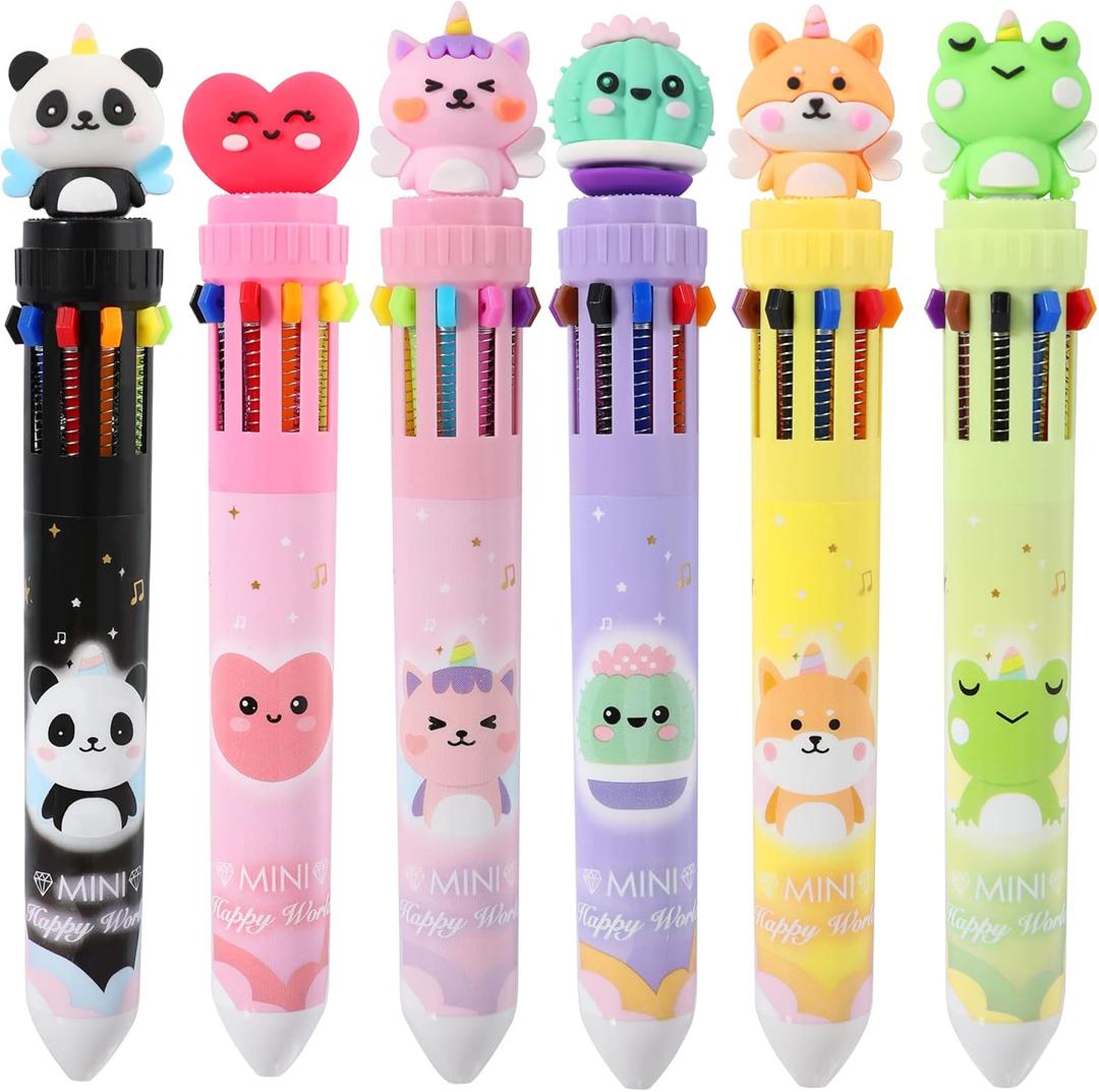 Multicolor Ballpoint Pen 0.7 mm, 10-in-1 Colored Pens Fine Point Retractable Cute Cartoon Animal Ballpoint Pens for Back to School Office Supplies Students Kids Gifts, 6 Pack