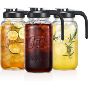 Glass Pitcher with Lid - 2 Quart Mason Jar Pitcher with Filter Lid, Wide Mouth Jar Leak-proof Water Jug, Heavy Duty Container for Water, Juice, Milk, Tea, Iced Coffee, and Drinks - Set of 3