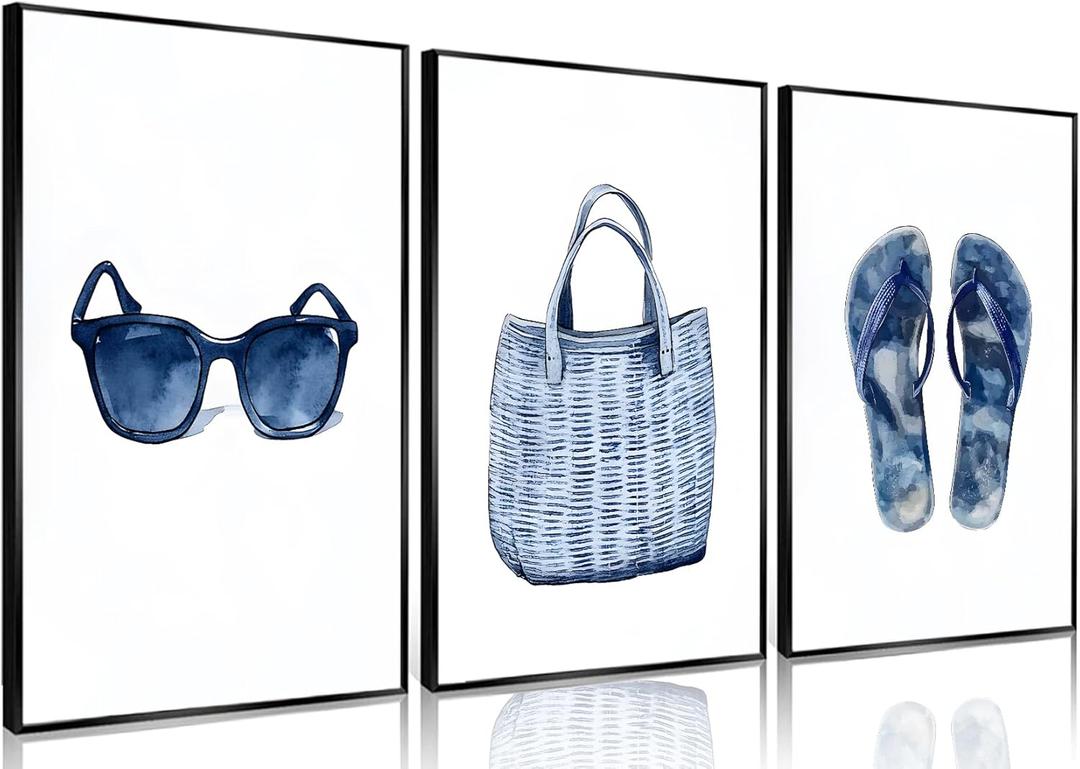 3Pcs Vintage Navy Blue and White Summer Accessories Wall Art Sunglasses Beach Bag Flip Flops Posters Prints Coastal Beachy House Bathroom Watercolor Wall Decor Pictures Unframed 12x16in