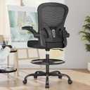 Ergonomic Drafting Chair, Tall Office Chair with Flip-up Armrests, Breathable Mesh High Desk Chair with Lumbar Support Adjustable Footrest Ring for Standing Desk Black, 25 inches x 20.5 inches x 50.6 inches