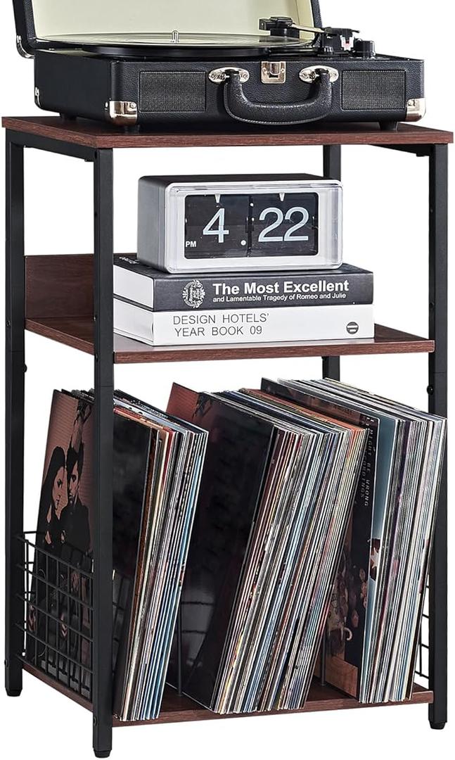 LELELINKY 3 Tier End Table,Record Player Stand with Storage Up to 100 Albums,Turntable Stand for Vinyl,Brown Records Shelf for Living Room Bedroom, Medium, Walnut