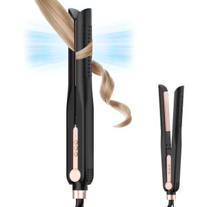 SKIMI Airflow Styler, Titanium Flat Iron Hair Straightener, Professional Curling Iron with Cooling Air Vents to Lock in Style, 5 Temps & Dual Voltage, Auto Off (Black & Bright Champagne).