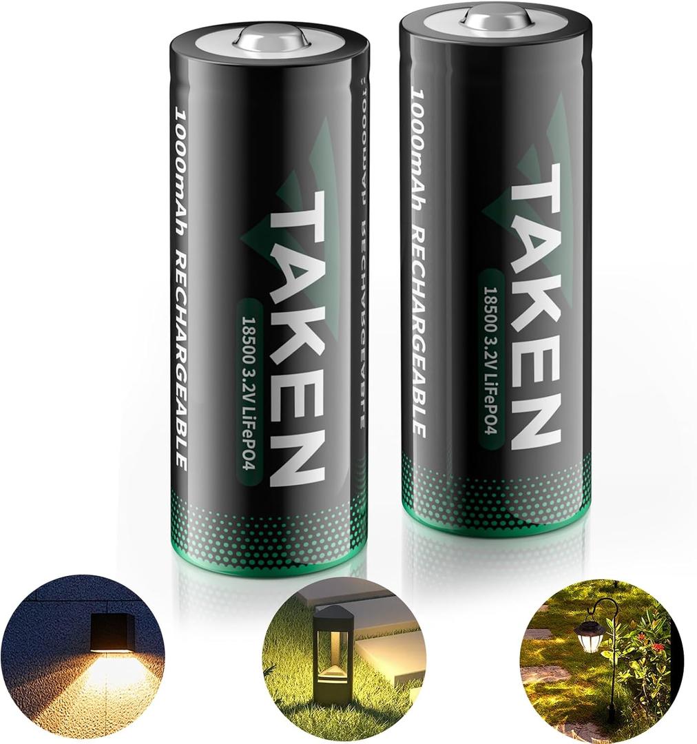 Taken Rechargeable 18500 3.2V Solar Battery, 3.2 Volt LiFePO4 Lithium Battery Cell for Garden Solar Light Flashlight Outdoor Lights 2 Count (Not AA Batteries)