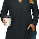 Womens 3 4 Sleeve Blouse Long Sleeve Business Casual Tunic Tops V Neck Work Tops Textured Dressy Casual Shirts (Black, XXL)