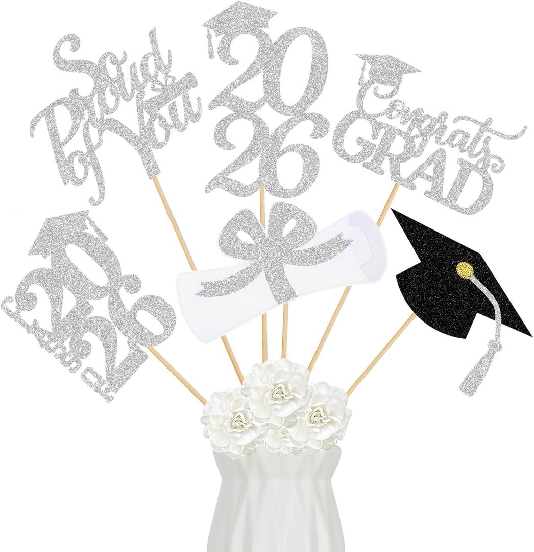 24Pcs 2026 Graduation Table Centerpieces Silver Graduation Centerpieces for Tables 2026 Silver Graduation Centerpieces Sticks for 2026 Graduation Party Table Decorations Silver