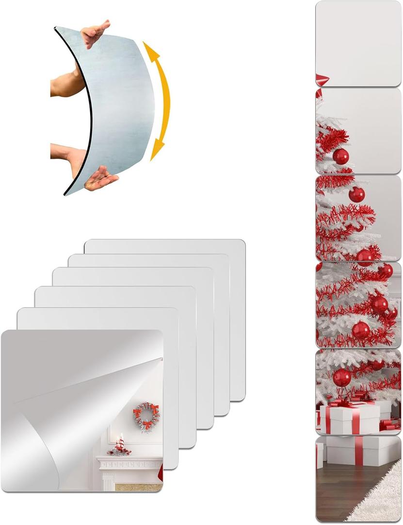 Unbreakable Acylic Small Mirror Tiles for Kids, (6-Pcs 8x8 Inch) Plastic Mirrors for Wall, Stick on Mirrors for Small Decorative Mirror, Shatterproof Peel and Stick on Miroir Tiles for Wall Decor