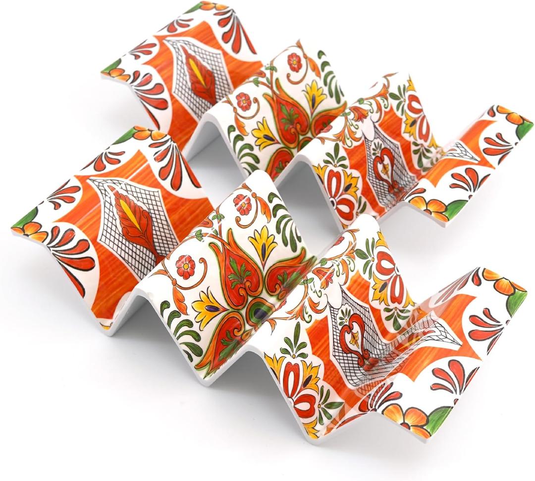 TP Taco Holder Stands, Set of 2 Melamine Large Taco Serving Rack Tray with Handle, Holds 3 Tacos, Dishwasher Safe, Ideal for Taco Night, Party, Home, Fiesta, Talavera Sunset (Fuego Orange)