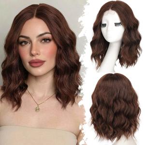 Eawwii Brown Short Wavy Wig for Women Lace Hairline Bob Style Synthetic Heat Resistant - Natural Appearance for Everyday Hairstyle 14 Inch