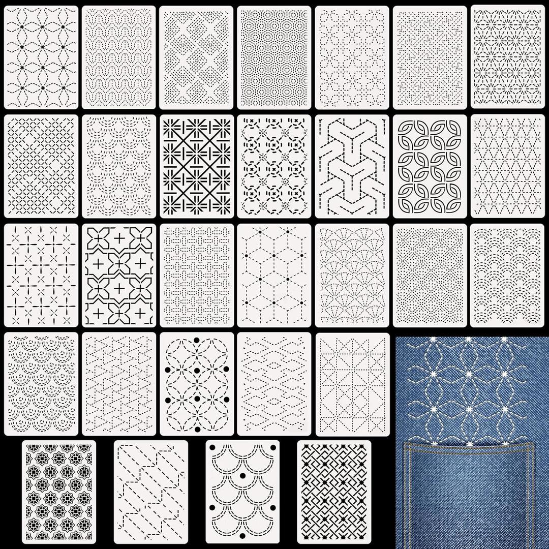 30 Pcs Plastic Sashiko Stencil 8.3 x 5.9 Inch Geometric Sashiko Pattern Template Drawing Line Quilting Stencil Embroidery Pattern Stabilizers for Sewing Hand Quilting and Embroidery