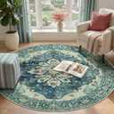RELEANY Washable Area Rug, Round 4ft, Blue/Vintage Dark Blue | Non-Slip, Water Repellent, Pet Friendly, Easy to Clean, Vintage Floral Boho Decor for Living Room Bedroom Dining Room Entry