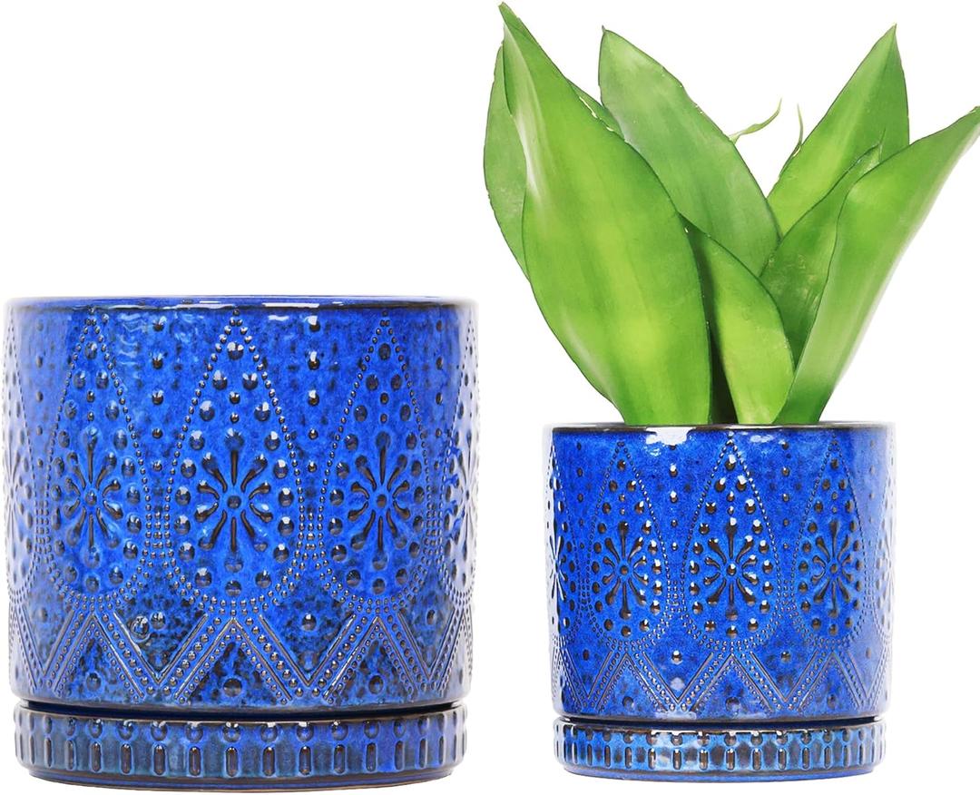 8 Inch + 6 Inch Indoor Plant Pot with Drainage Holes and Saucers, Ceramic Planter for Plants Succulent Orchid Flower Pots (Blue)