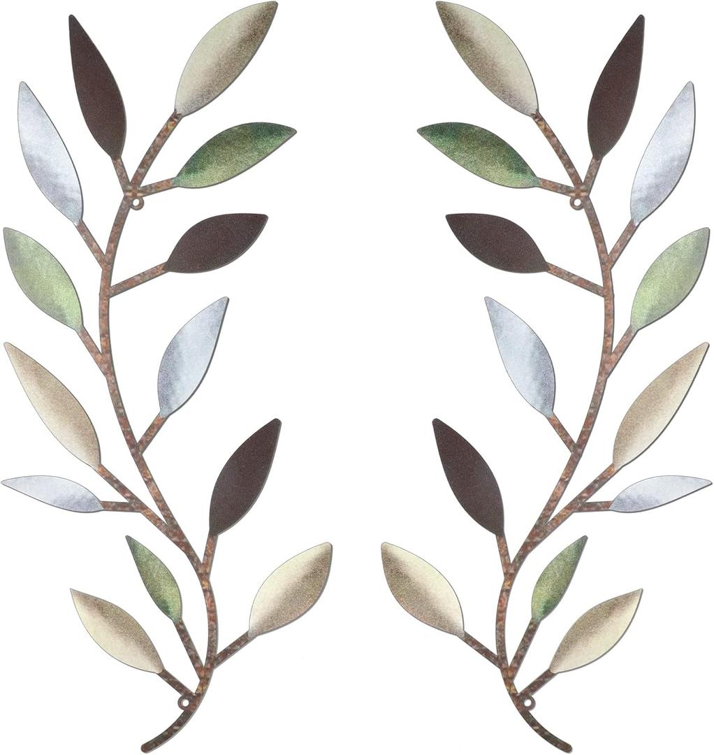 Zhengmy 2 Pieces Metal Tree Leaf Wall Decor Vine Olive Branch Leaf Wall Art Living Room, Hallway Wall Decor Outdoor Decoration(Colorful)