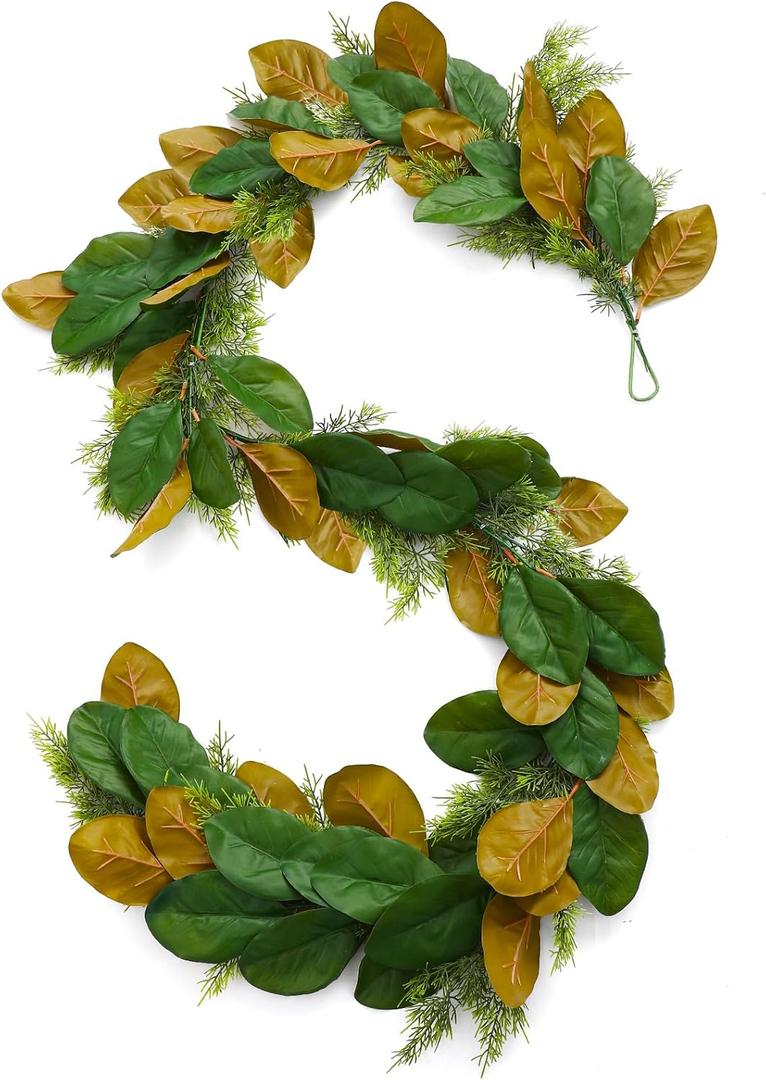6 ft Realistic Magnolia Garland with Artificial Faux Cedar, Brown and Green Magnolia Leaf Garland Christmas Decorations for Mantle Fireplaces Stair Xmas Holiday Party Table Decor