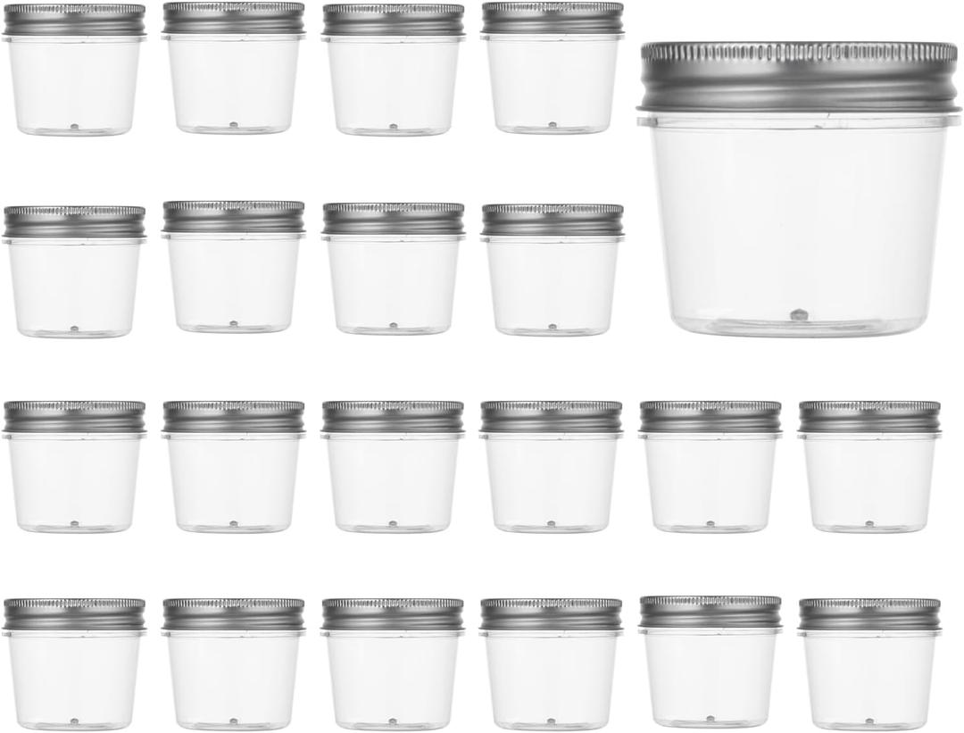 novelinks 4 oz Clear Plastic Jars with Screw-On Lids  Reusable Round Containers for Slime, Food, Spices, Crafts & Kitchen Organization  BPA-Free Storage Jars, 20 Pack (Silver)