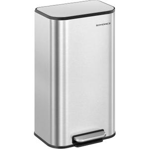SONGMICS Kitchen Trash Can, 8-Gallon (30 L) Garbage Can with Lid, Stainless Steel, Soft Close and Stays Open, Inner Bucket, Wide Non-Slip Pedal, Metallic Silver ULTB546E01