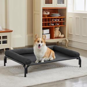 Cooling Elevated Bed for Medium Dogs - Quick Install, Raised Dog Cot with Bolster, Durable Breathable Teslin Mesh, Washable Dog Sofa Bed Suitable for Indoors and Outdoors - Deep Gray (M(35x26x8)Inches)