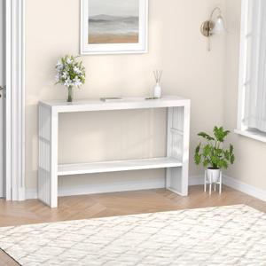 Bamboo Wood Console Table 47.2" Entryway Table, 2-Tier Farmhouse Narrow Sofa Table w/Storage Shelf, Couch Table Behind Sofa Easy Assembly for Entrance, Hallway, Living Room, Foyer(White)