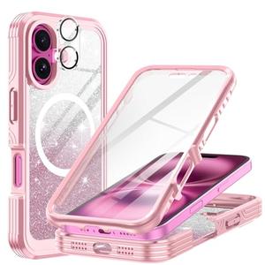 Hekodonk for iPhone 16 Plus Case,Compatible with Magsafe[Built-in 9H Tempered Glass Screen Protector & Camera Lens Protector] Full Body Shockproof Protective Women Girl Bling Case,Pink Glitter