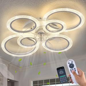 Yfrest Ceiling Fan with Light and Remote, White Low Profile Ceiling Fans with Lights, Flush Mount Ceiling Fan with 3 Light Color 6 Speeds, 35Inch Fandelier Ceiling Fan for Kitchen Living Room 6-Ring