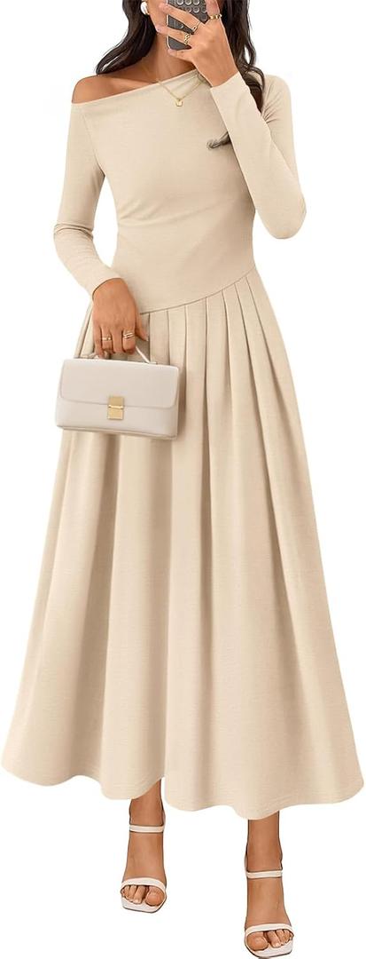MEROKEETY Women's Fall Long Sleeve Wedding Guest Dresses 2025 One Shoulder Elegant Formal Pleated Midi Maxi Dress (Beige, S)
