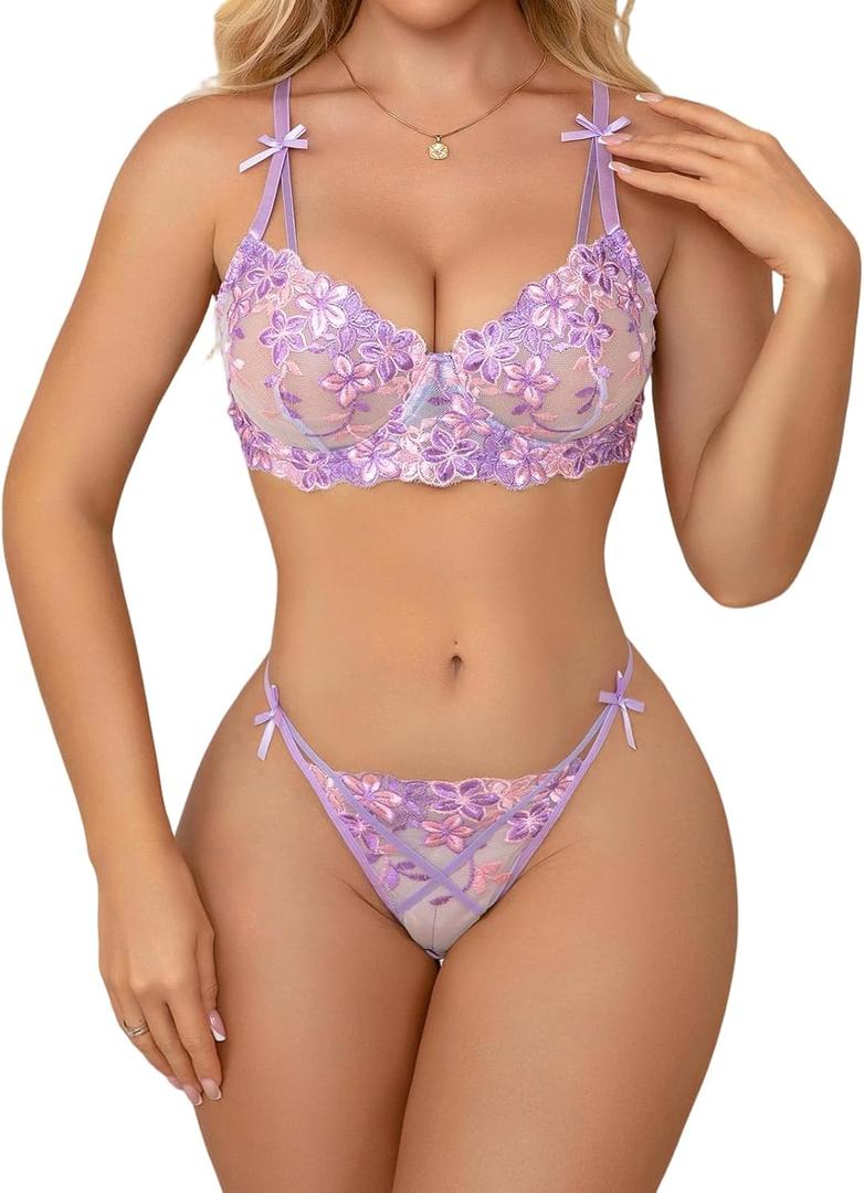 Aranmei Womens Sexy Floral Embroidered Lingerie Set Mesh Sheer Cute Underwire Push Up Bra and Panty (2XL, Purple)