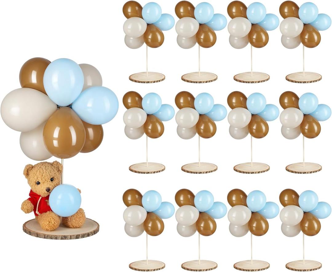 Canlierr Baby Shower Table Centerpiece Decor 144 Pcs Balloons Wooden 9-10in Rounds Circles Slices with Stick DIY Craft Birthday Wedding Gender Reveal Bear Party Table Decorations(Brown and Blue)