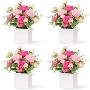 Dining Table Centerpiece Set of 4 - Artificial Peony Flowers with Wooden Vase - Boho Fake Rose Bouquets Small Faux Silk Floral Arrangement for Wedding Party Bathroom Home Dcor, Pink