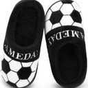 INMINPIN Kids Girls Boys Ball Sports Slippers Soft Curly House Shoes Memory Foam Non-Slip Indoor Outdoor Slippers for Sports Fan (6-7 Big Kid, Soccer Black)