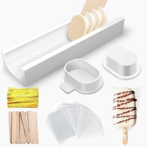 3 Inch Cakesicle Cutter and Cake Pop Mold Set with 8.7in Tray, 100 Wooden Sticks & 100 Bags, Silicone Cakesicle Mold for Homemade Cake Pops, Baking, Birthdays and Party Desserts (White)