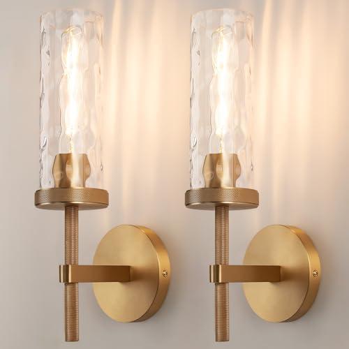 vookea 15" Knurled Brass Wall Sconces Set of 2, Gold Bathroom Vanity Light Fixtures with Water Ripples Glass Tube, Modern Lamp Lighting for Bedroom, Living Room, Hallway, Staircase, Mirror, Kitchen