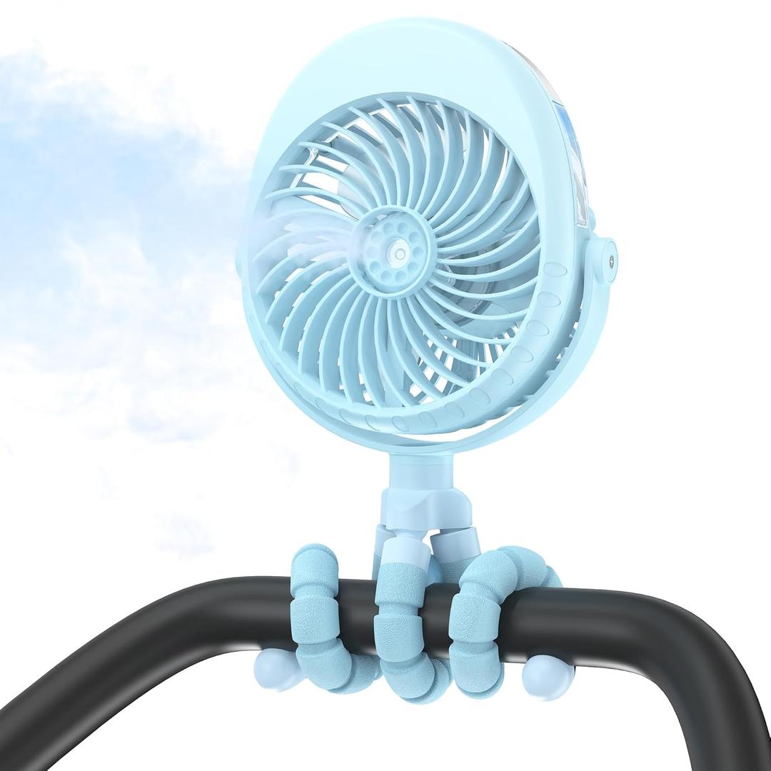 2025 Upgarded 4000mAh Misting Baby Stroller Fan, Rechargeable Battery Operated,Max 15Hrs Cooling,50ml Portable Water Sprayer Misting Fan with Flexible Tripod Clip on Car Seat Crib Treadmill Bunk Bed (Blue)