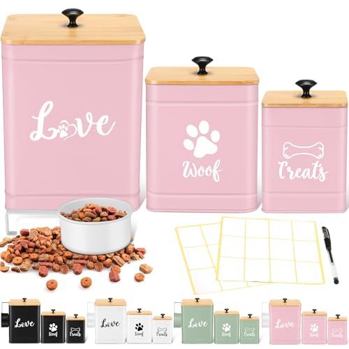 Jingmore Metal Dog Treat Containers Set of 3 with Bamboo Lids and Spoon Airtight 7+3+2 lbs Dog Food Snack Jars with DIY Labels Big Pet Cookie Storage Jar for Kitchen Counter (Pink,Funny)