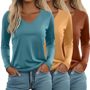 Ficerd 3 Pack Women's Long Sleeve T Shirts, V Neck Basic Tops Fall Casual Trendy Tees Loose Fit Soft Clothes Outfits(Caramel, Ginger Yellow, Lake Blue, X-Large)