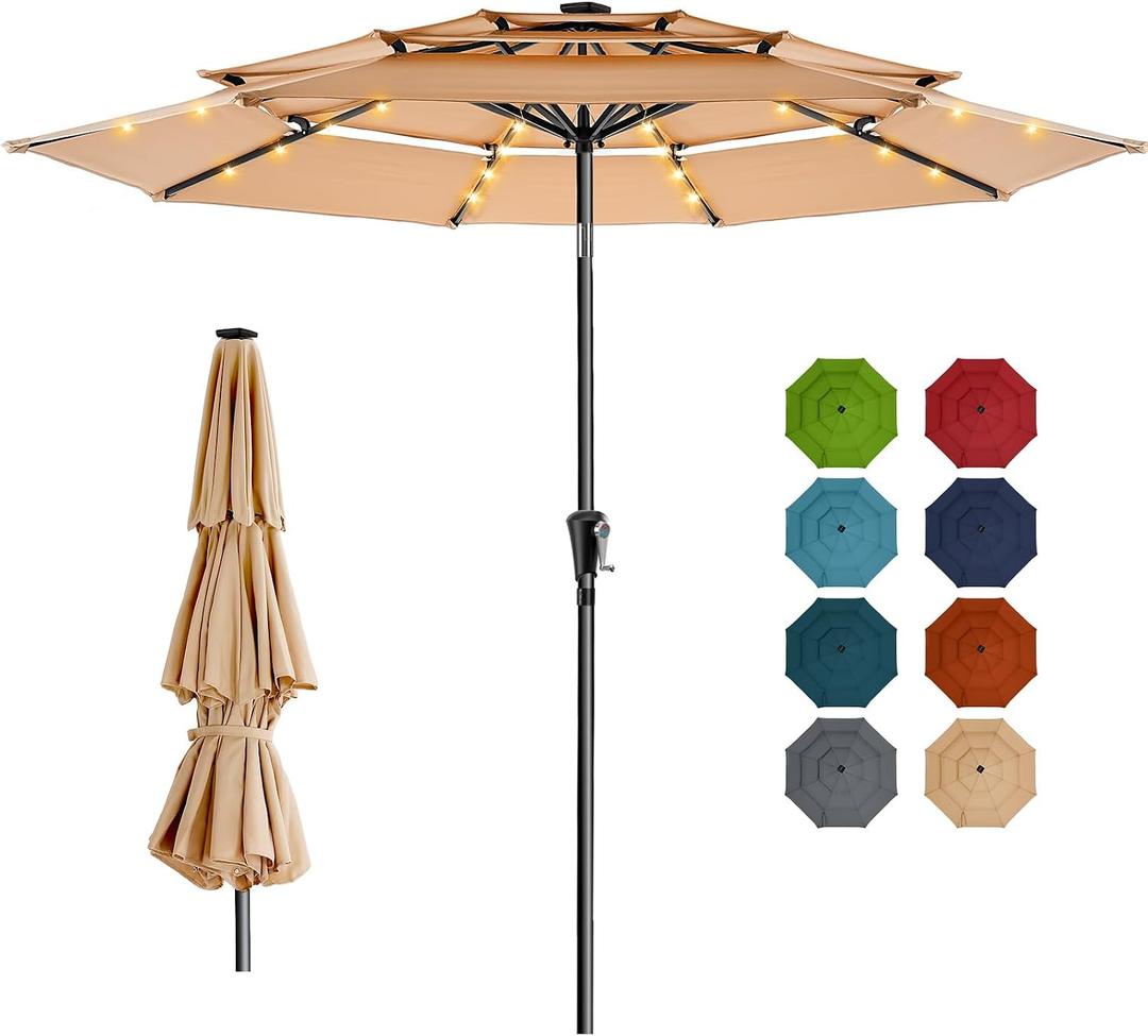 HOMSHADE 9FT 3-Tier Solar Patio Umbrella Heavy Duty, Vented Market Table Umbrella Windproof with 32 LED Lights, UPF50+, 5-Year Fade Resistant, 8 Thicker Ribs for Pool, Lawn, Garden, Deck (Beige,No Base)