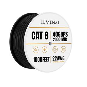 Cat8 Ethernet Cable 1000ft Bulk Round, 22 AWG, Solid 100% Bare Copper, Black, Up to 40Gbps, 2000MHz, S/FTP Shielded LAN Network Cable Spool, PoE Compatible for Indoor/Outdoor, Gaming, Router, Laptop