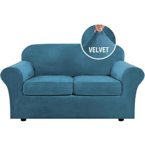 H.VERSAILTEX Real Velvet Plush 3 Piece Stretch Sofa Covers Couch Covers for 2 Cushion Couch Loveseat Covers Width Up to 72 Inch Thick Soft Stay in Place (Medium Sofa, Peacock Blue)