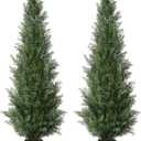 Set of 2 Pre-Potted 3 Feet Faux Cedar Tree, Lifelike UV Protected Front Door Decor, Porch, Garden, Entryway Topiary, Indoor/Outdoor Use - Ready to Display