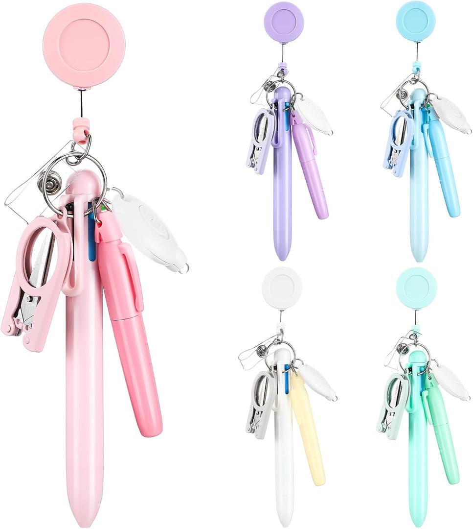 25 Pcs Nurse Pen Set Nurse Badge Accessories Mini Retractable Ball Pens Highlighter Badge Clip LED Keychain Folding Scissors (Pastel Color)