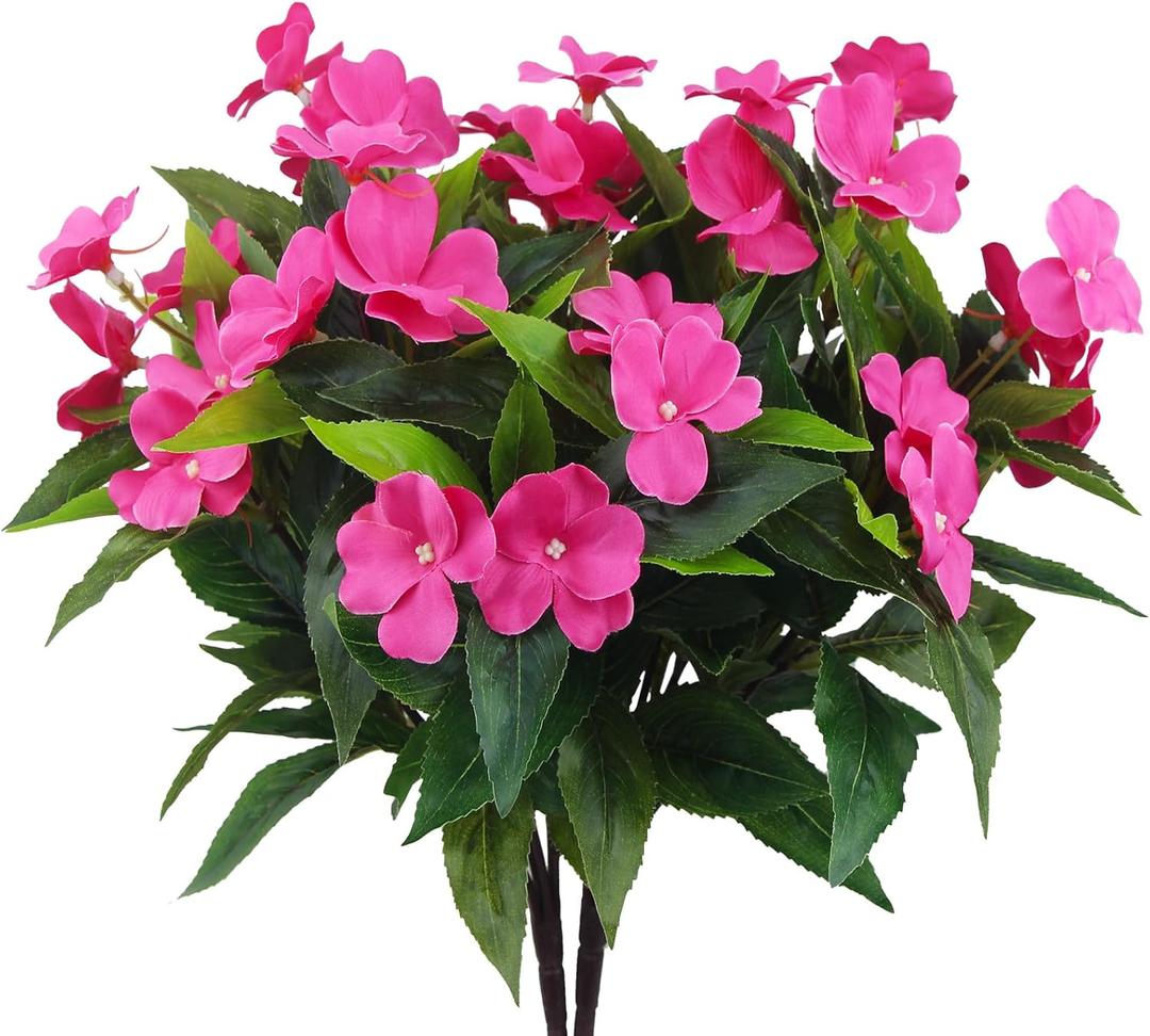 2 Branches Artificial Impatiens Flowers for Outdoors - Faux Bushes Rose Red Silk Flowers Greenery Bouquet for Patio Lawn Garden Pot Hanging Basket Porch Decoration