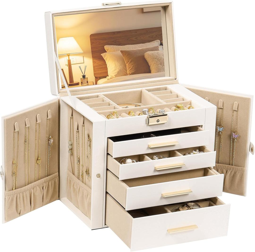 Synthetic Leather Huge Jewelry Box Mirrored Watch Organizer Necklace Ring Earring Storage Lockable Gift Case (White)