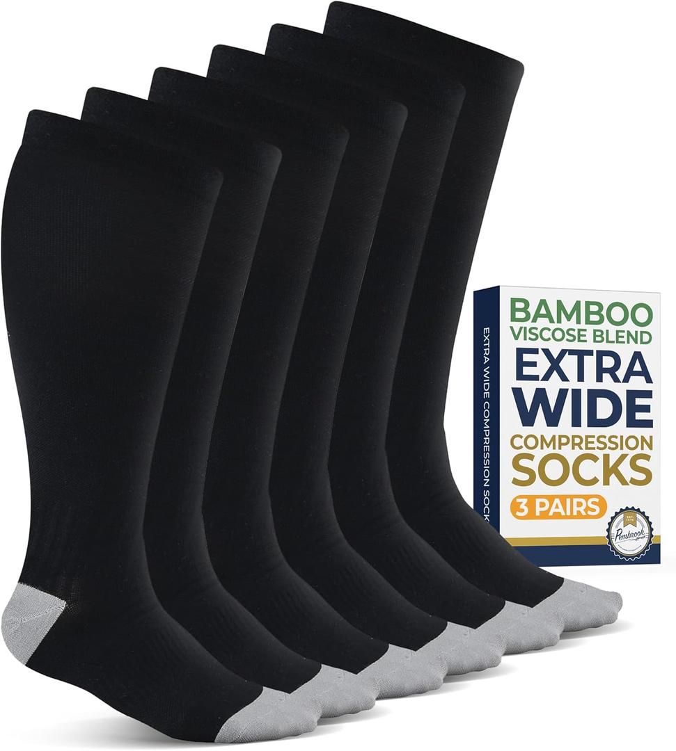 Pembrook 3 Pairs Plus Size Compression Socks Wide Calf - Bamboo Viscose Compression Socks Men XXL, Knee High, Black