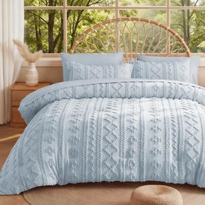 MR&HM Boho Comforter Set King, Dusty Blue 7 Pieces Bedding Set, Farmhouse Shabby Chic Bed in a Bag with 1 Comforter, 2 Pillow Shams, 2 Pillowcases, 1 Flat Sheet, 1 Fitted Sheet for All Seasons